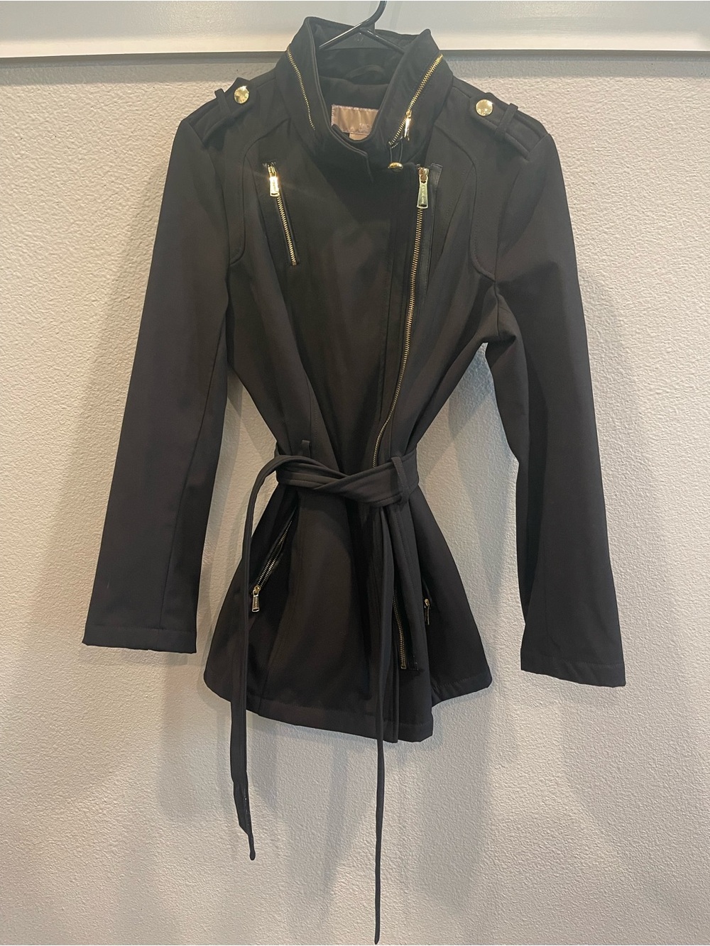 Michael Kors Black Belted Trench Coat with Gold Hardware